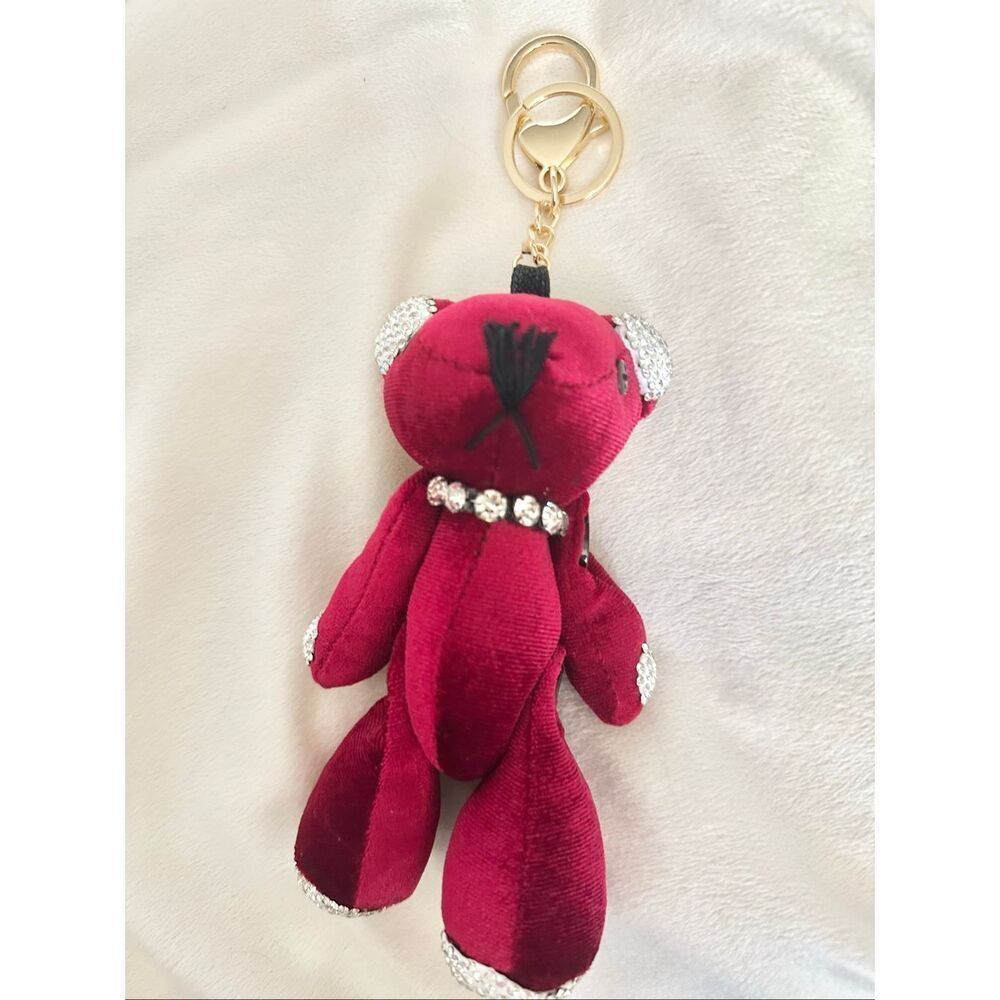 Glamorous red velvet plush teddy bear with rhinestone detail